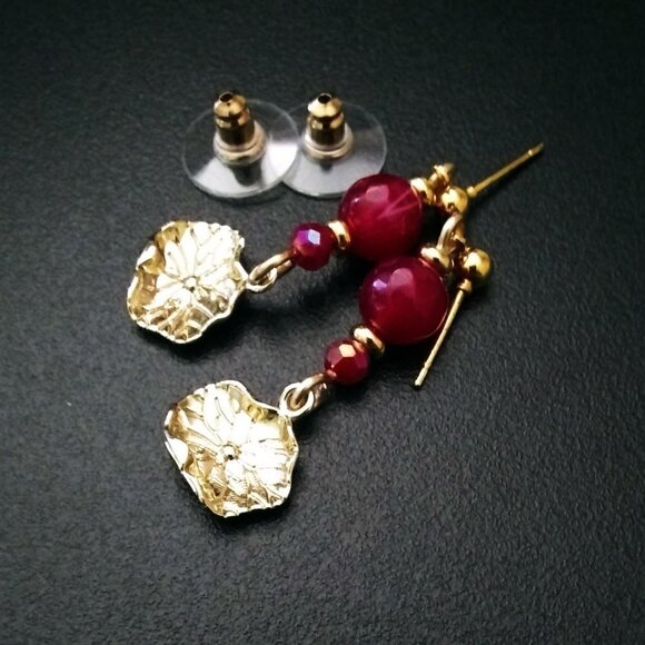 Gorgeous! Deep Rose Agates & Lotus Pad Earrings ~ Boldy Feminine & Alluring! - Picture 2 of 6